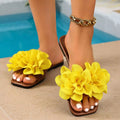 Floral embellished flat sandals by Shopimist featuring colorful flower details and a comfortable slip-on design.