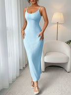 Women's ribbed scoop neck bodycon maxi dress by Trendsi featuring a stretch, floor-length elegant design in a ribbed fabric.