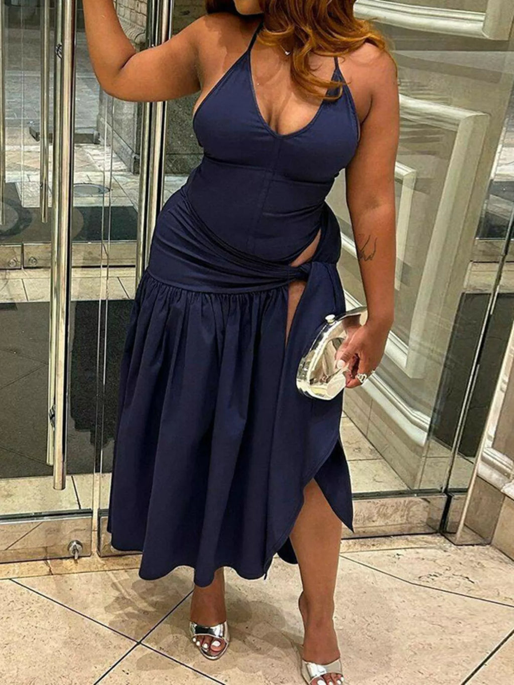 Halter neck ruched bodysuit and maxi skirt set by Shopimist, featuring a fitted bodysuit with ruching and a flowing maxi skirt.