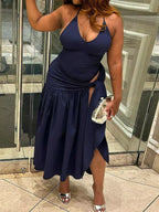 Halter neck ruched bodysuit and maxi skirt set by Shopimist, featuring a fitted bodysuit with ruching and a flowing maxi skirt.