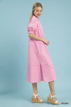 Umgee striped puff sleeve midi dress with a flowy silhouette, featuring bold vertical stripes and a fitted waist.
