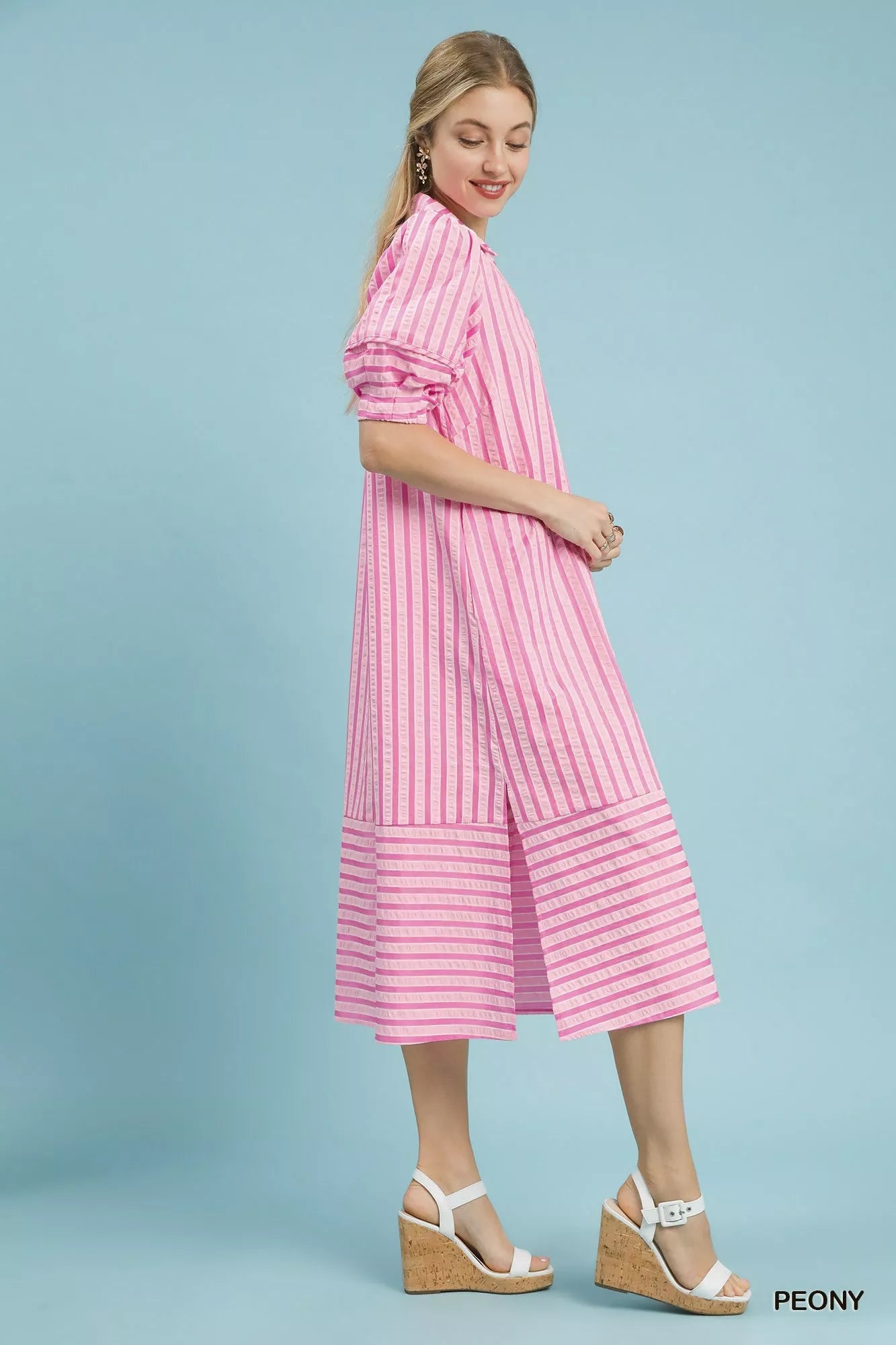 Plush Fashion Hub Umgee striped puff sleeve midi dress with a fitted waist and flowy skirt, perfect for casual or semi-formal wear.