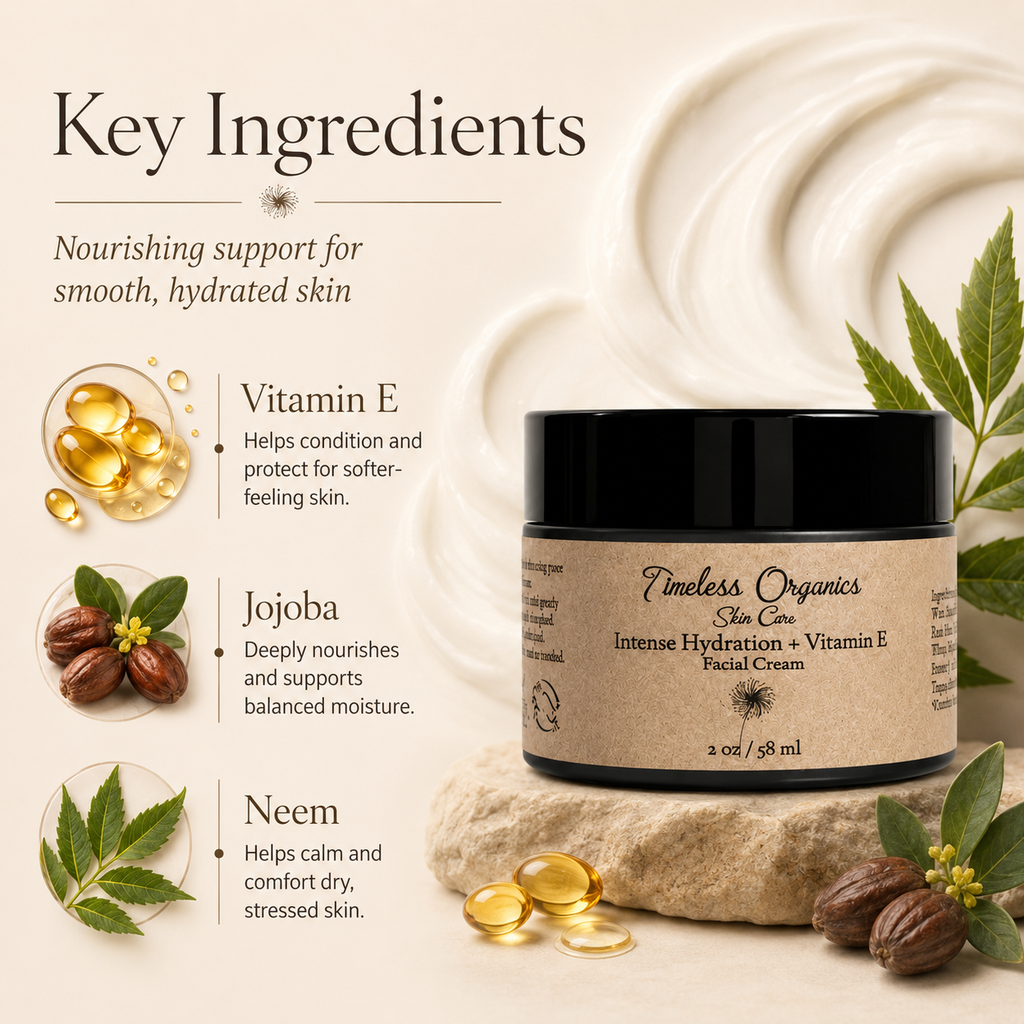 Timeless Organics Skin Care Intense Hydration and Vitamin E Facial Cream jar with cream inside, close-up view.