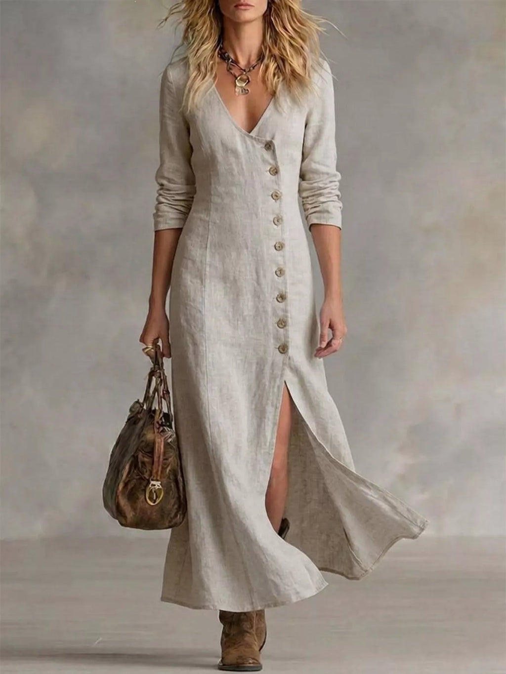 Plus size full-length maxi dress with button front and slit by Shopimist, elegant and flowing for stylish occasions.