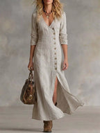 Plus size full-length maxi dress with button front and slit by Shopimist, elegant and flowing for stylish occasions.