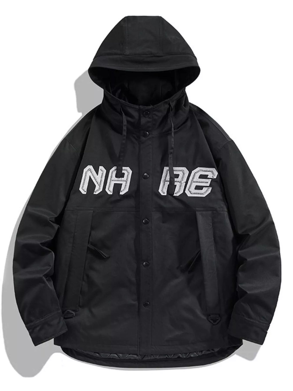 Men's plus size snap-down long sleeve hooded jacket by Shopimist, shown in black with front pockets and adjustable hood.