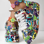 Women’s round-toe thick-sole lace-up sneakers by Plush Fashion Hub, featuring casual print design and durable footwear style.