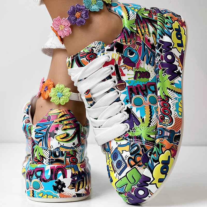 Women’s round-toe thick-sole lace-up sneakers by Plush Fashion Hub, featuring casual print design and durable footwear style.