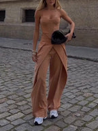 Camel spaghetti strap corset top and wide-leg pants set from FitiqueFit, casualwear, with fitted top and flowy pants.