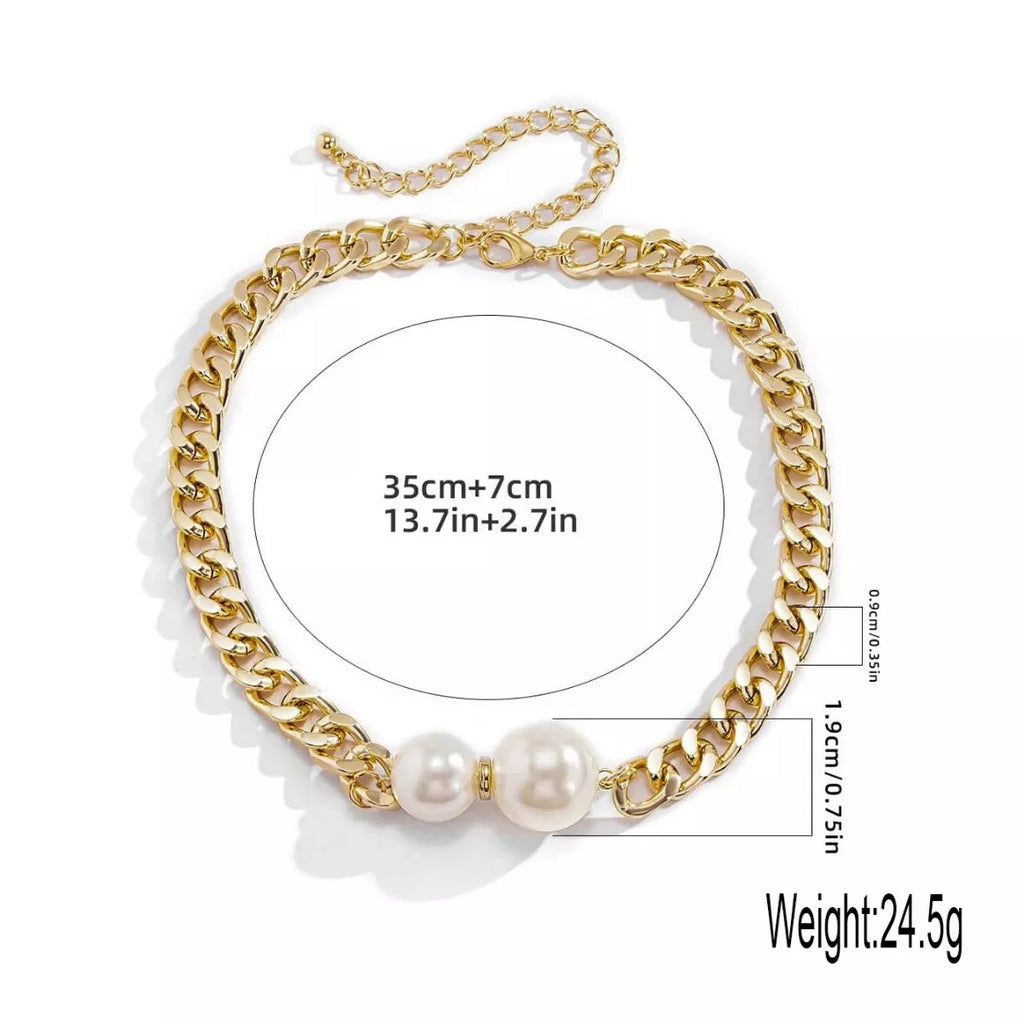 18K gold-plated pearl necklace with lustrous white pearls and delicate chain, showcasing elegant jewelry design.