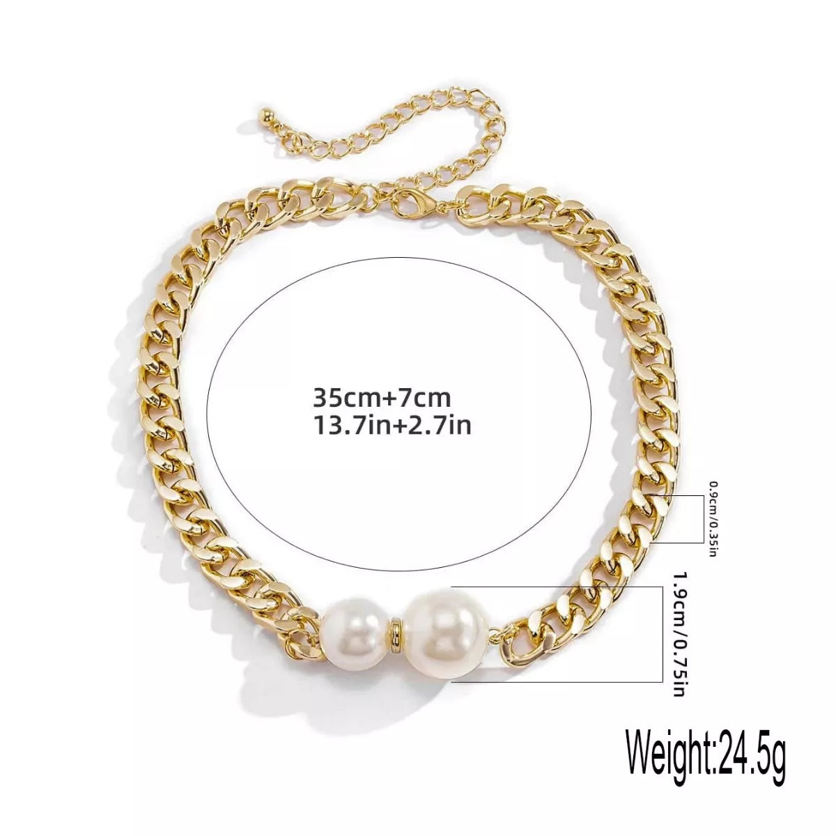 18K gold-plated pearl necklace with lustrous white pearls and delicate chain, showcasing elegant jewelry design.