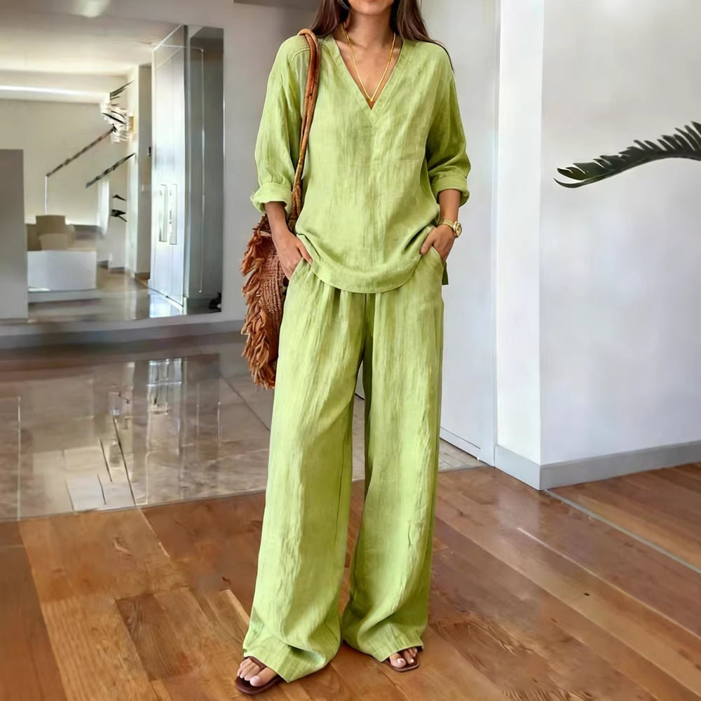 FitiqueFit long sleeve top and full-length pants two-piece set in various colors, displayed on a mannequin.
