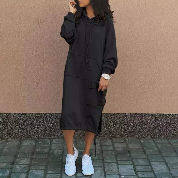 Plush Fashion Hub women's casual long-sleeved hooded sweater with front pocket and drawstring, suitable for everyday wear.