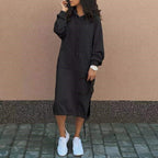 Plush Fashion Hub women's casual long-sleeved hooded sweater with front pocket and drawstring, suitable for everyday wear.