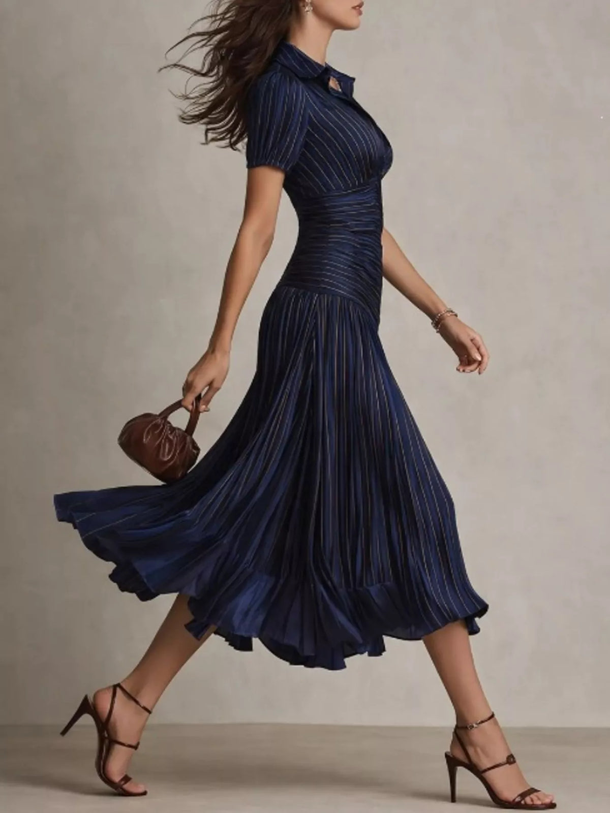 Plush Fashion Hub pleated striped short sleeve midi dress featuring a flowing design and stylish pattern, perfect for casual wear.