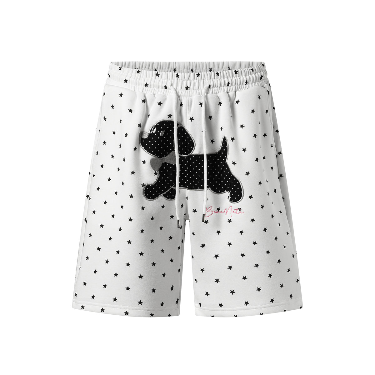 Soft and cute embroidered dog patch on eprolo shorts, showing detailed stitching and playful design on casual fabric.