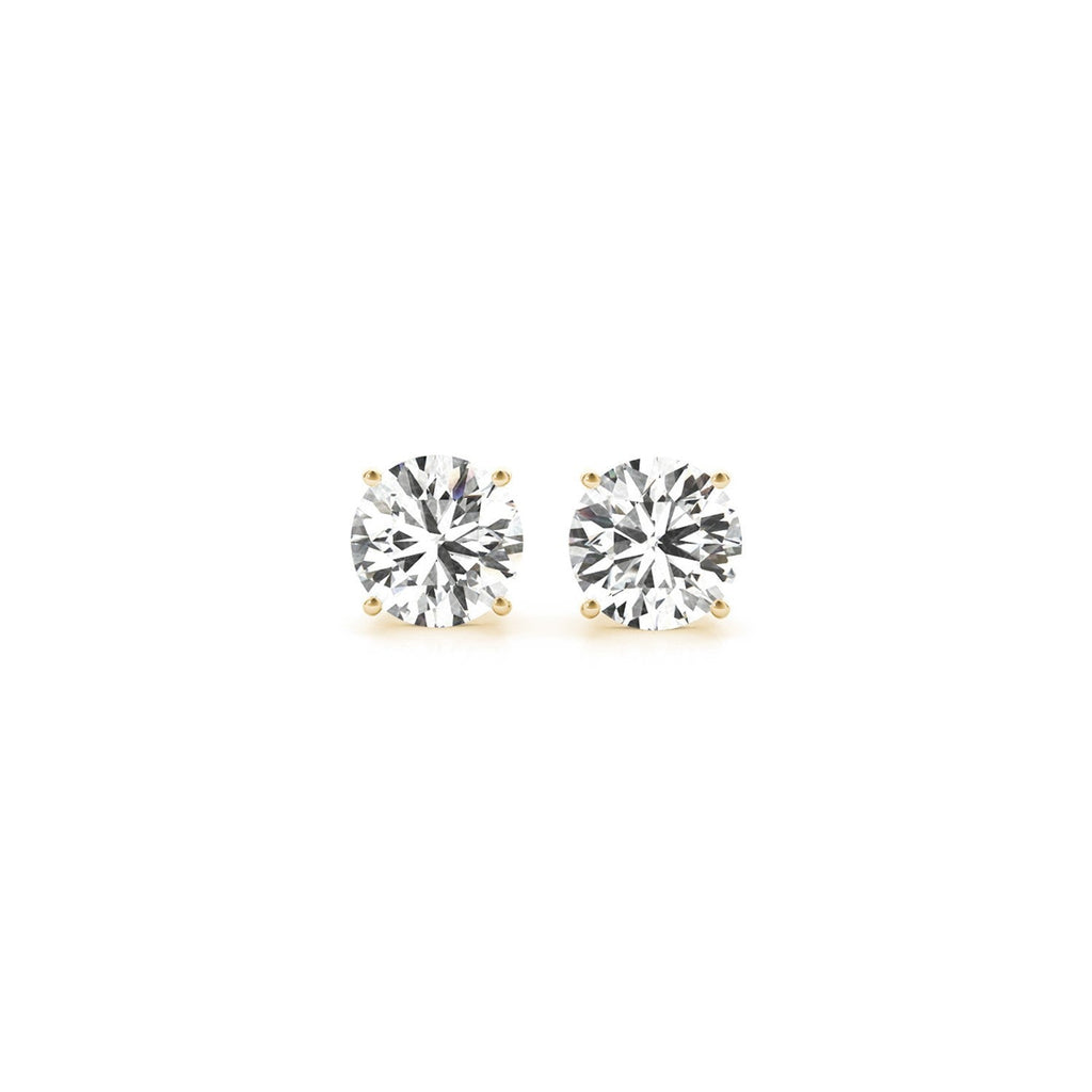 Certified IGI lab-grown round diamond stud earrings in 14k yellow gold, featuring 1.5 cttw G/VS2 quality diamonds.