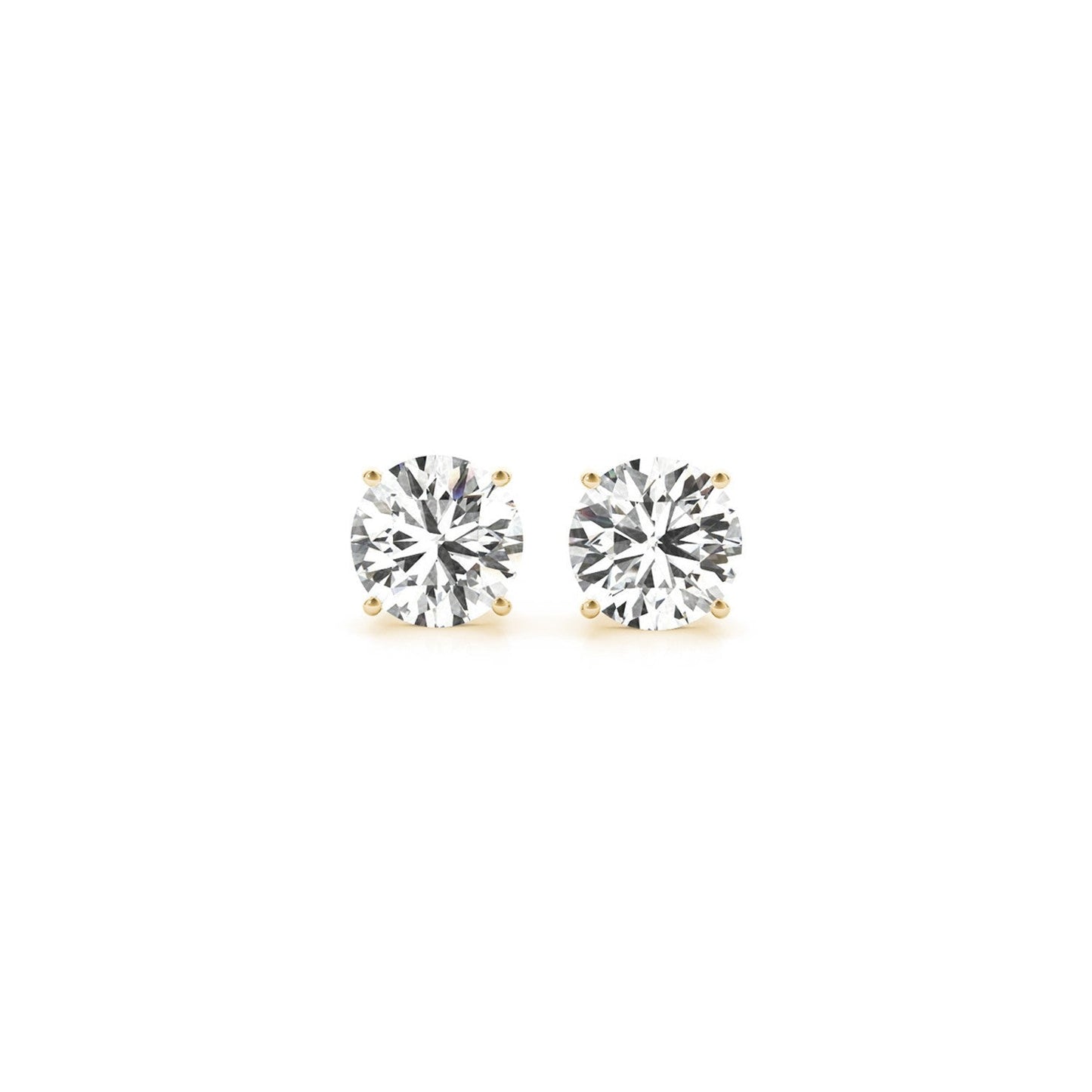 Certified IGI lab-grown round diamond stud earrings in 14k yellow gold with G/VS2 quality, from Plush Fashion Hub.