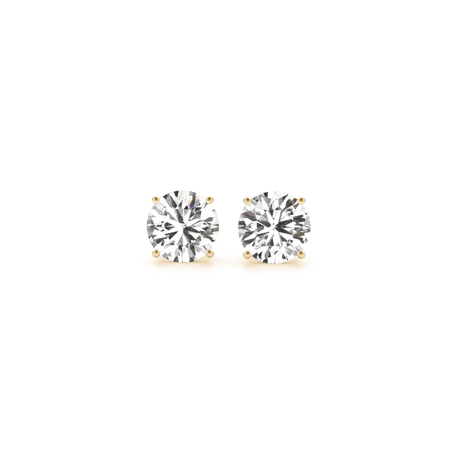 Certified IGI lab-grown round diamond stud earrings in 14k yellow gold, featuring 1.5 cttw G/VS2 quality diamonds.