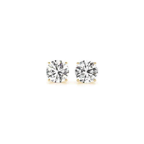Certified IGI lab-grown round diamond stud earrings in 14k yellow gold, featuring 1.5 cttw G/VS2 quality diamonds.
