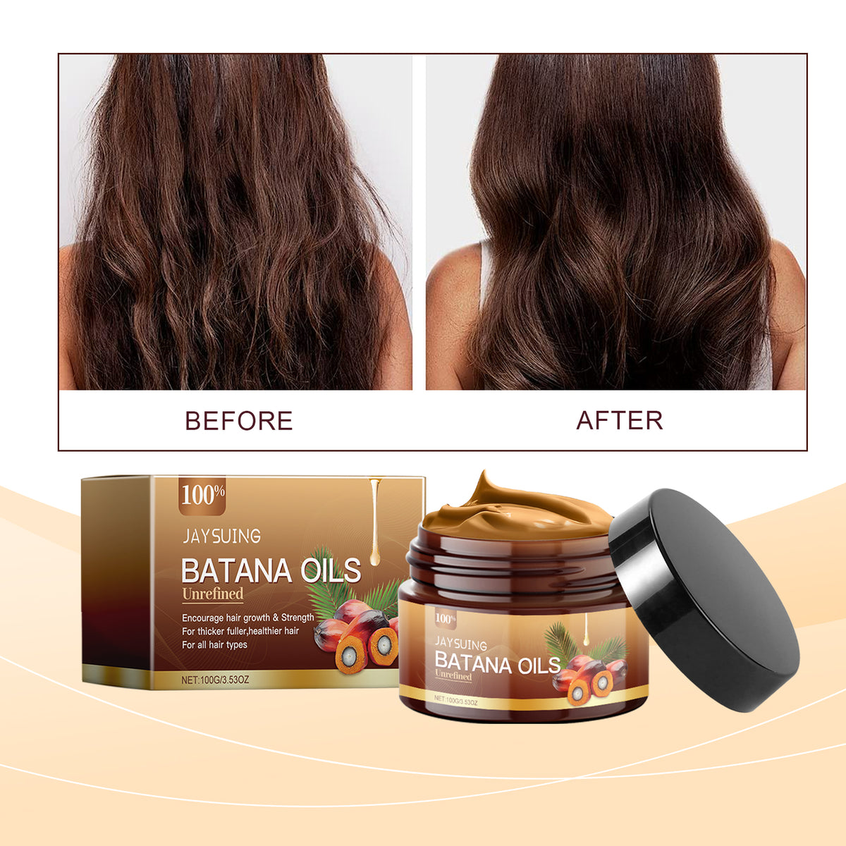 Jaysuing Batana Oil container, box, and before-and-after hair transformation photos showing smoother hair.