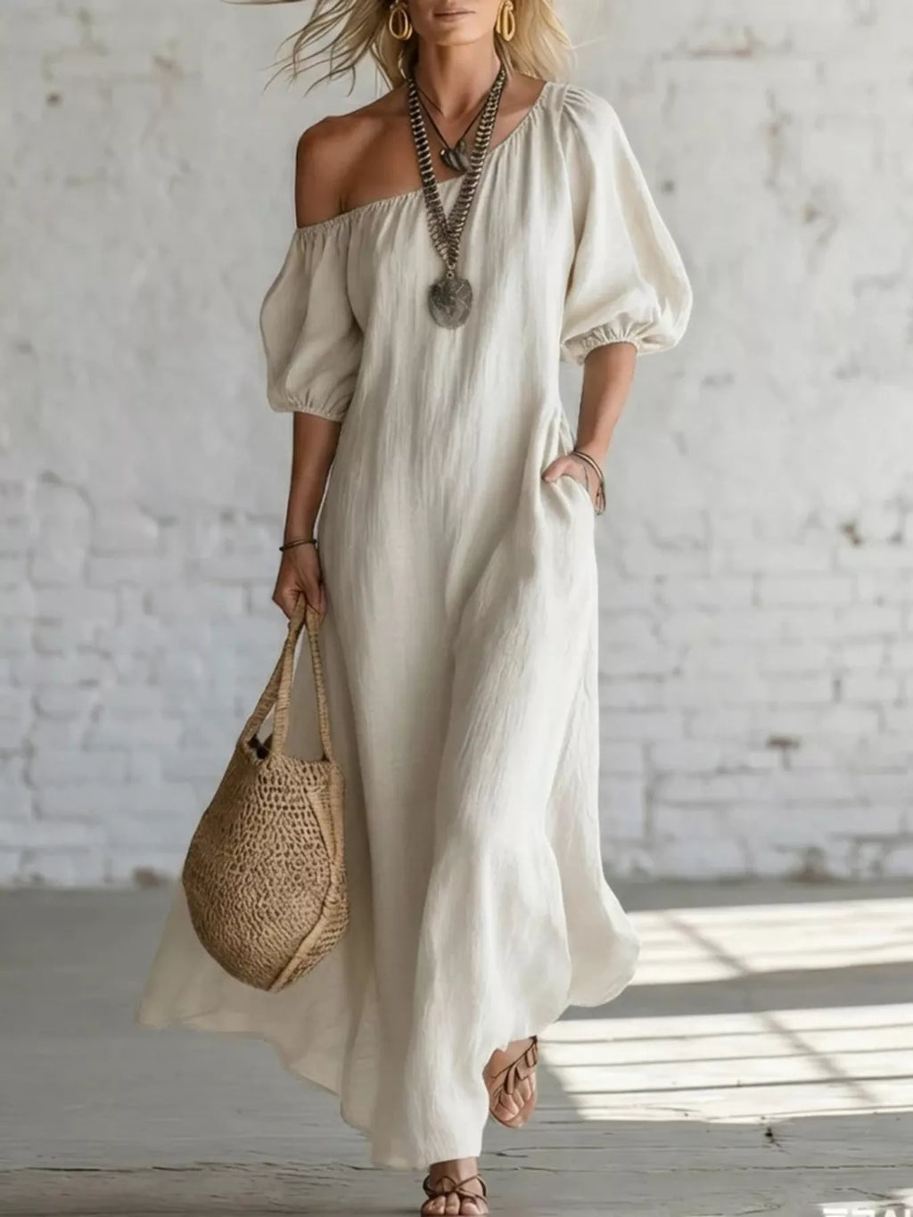Elegant one-shoulder puff sleeve maxi dress by Trendsi, flowing fabric, stylish design perfect for formal occasions.