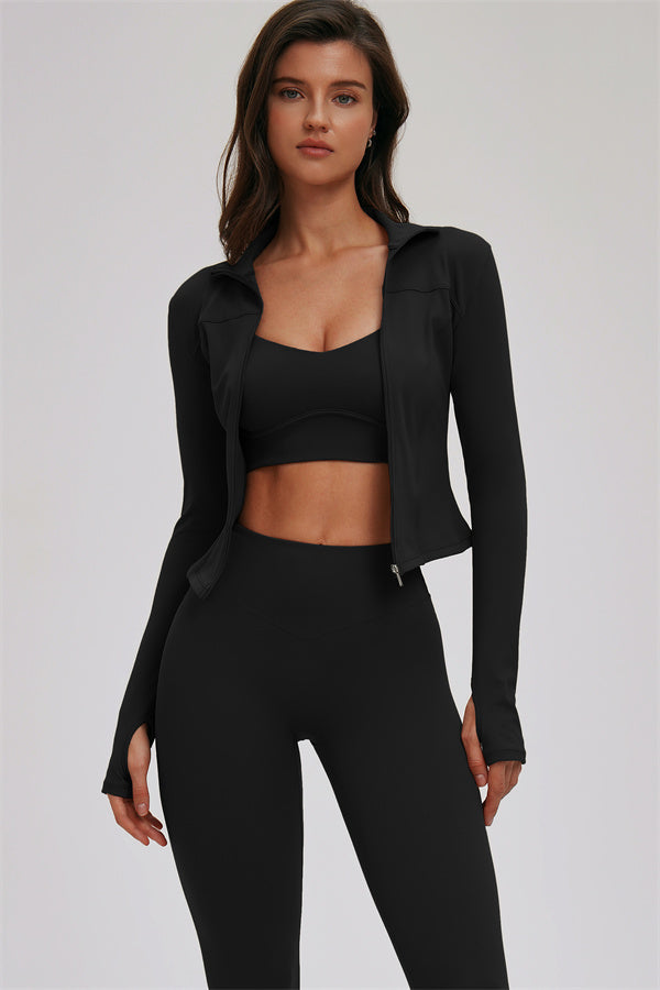 Fitglutes Activewear sports bra and leggings set featuring the Kinetic Zip Jacket Cross Back design, shown in a matching workout outfit.