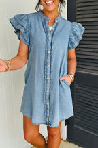 Light blue Sasha Threaded Pear mini dress with short sleeves, fitted silhouette, and stylish design, perfect for summer wear.