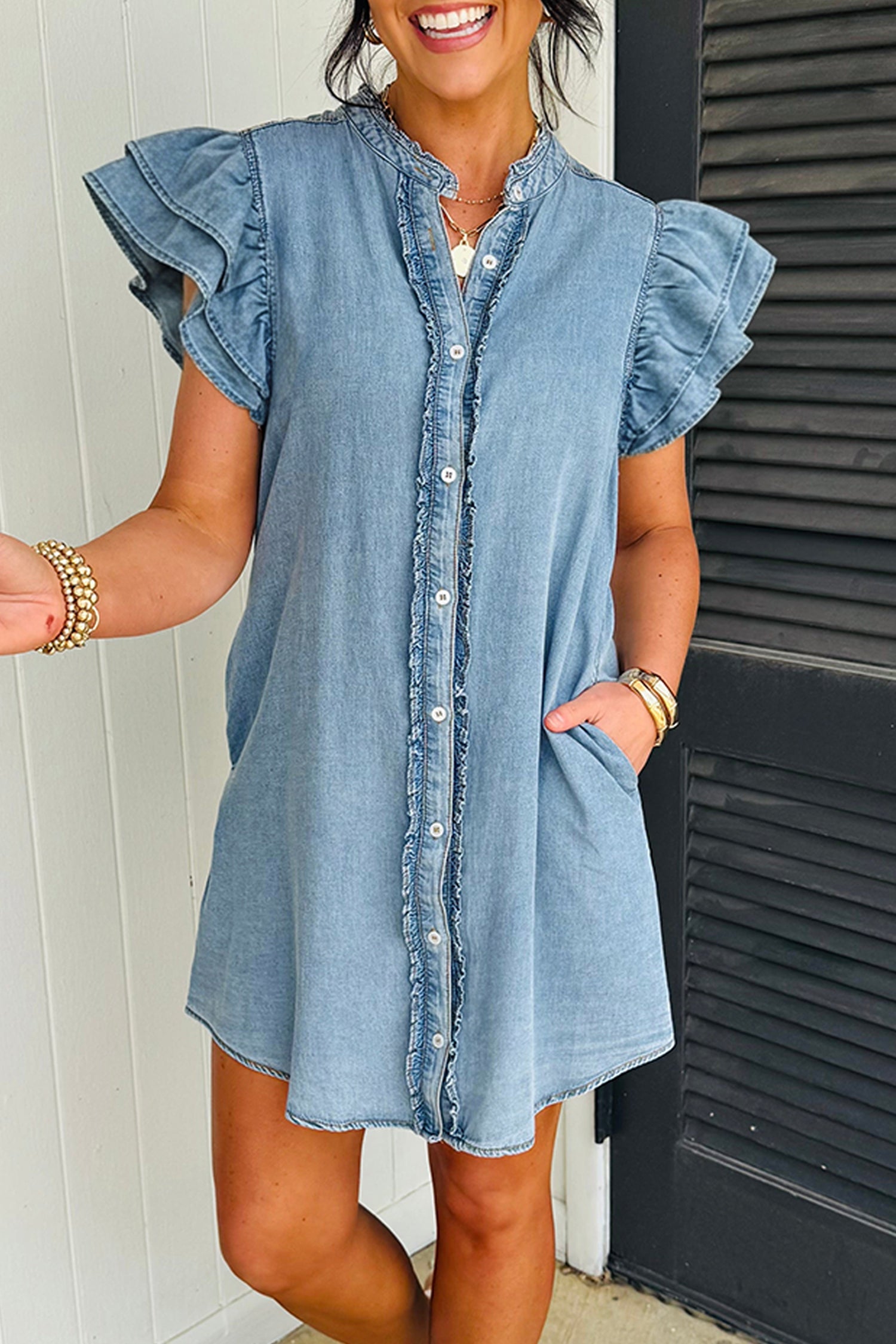 Light blue Sasha Threaded Pear mini dress with short sleeves, fitted silhouette, and stylish design, perfect for summer wear.