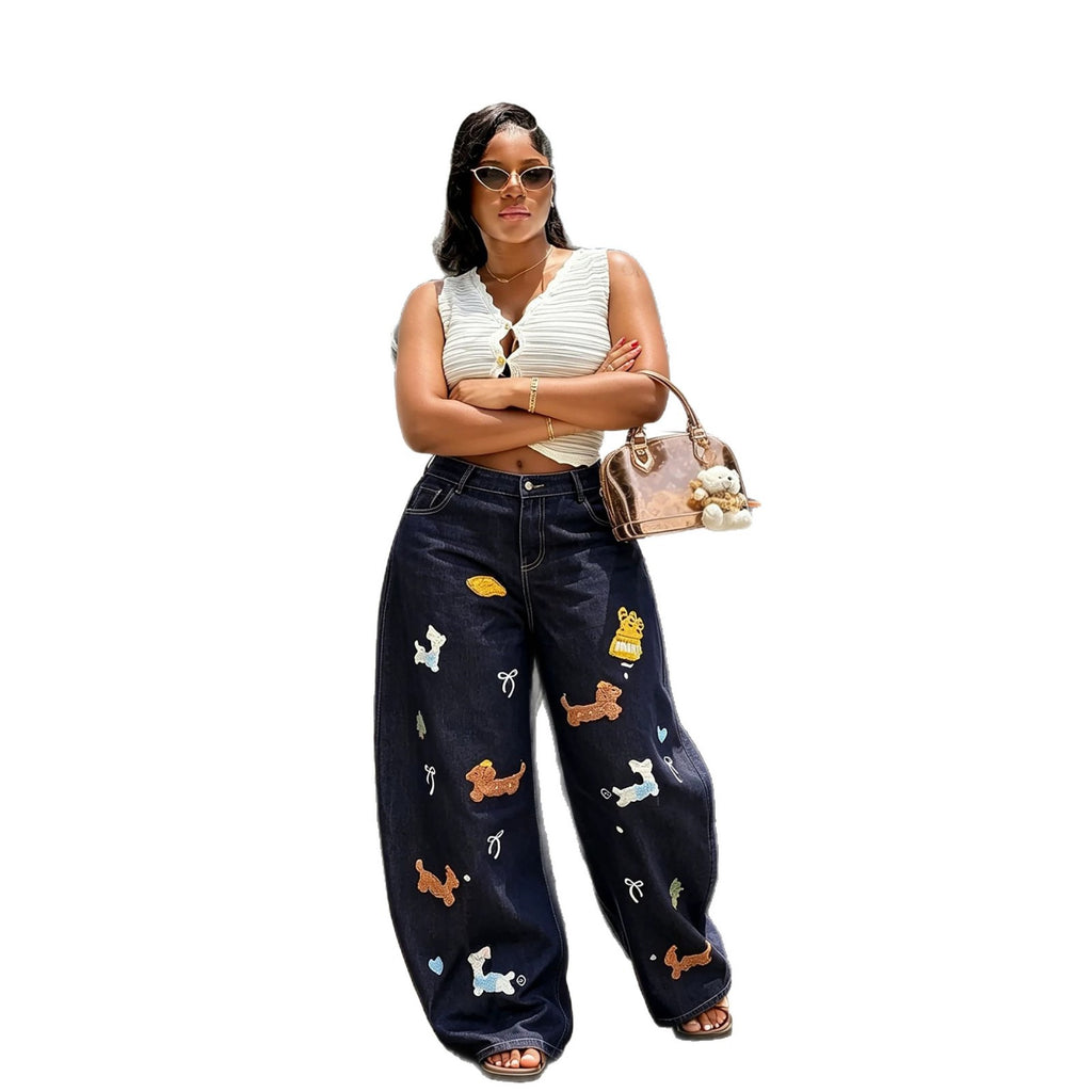 Street Style Cartoon Embroidery Knife Cut Denim Pants