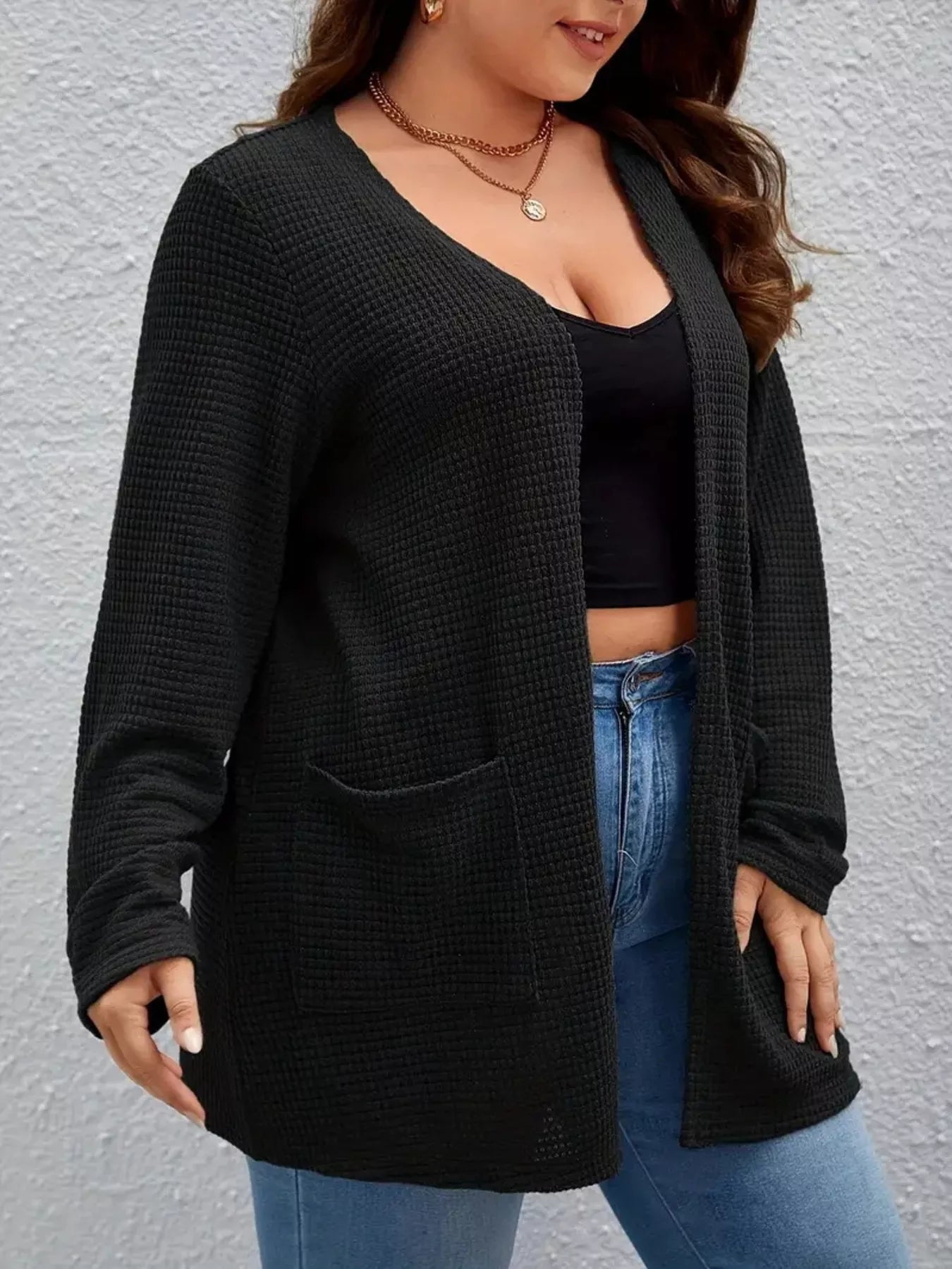 Plus size open front long sleeve knit cardigan by Simply Love, featuring a cozy, lightweight design in soft fabric.