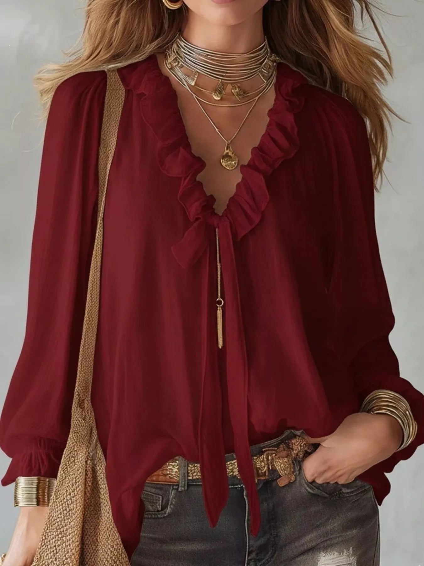 Shopimist ruffle long sleeve blouse with feminine details and lightweight fabric, shown on a model in a neutral setting.