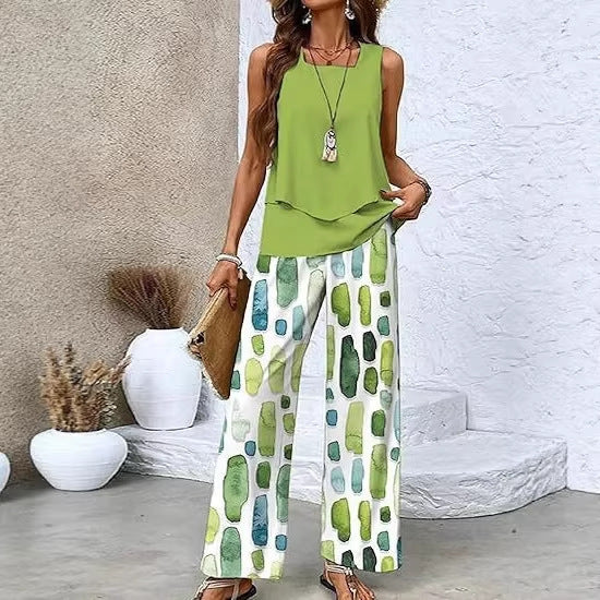 Women's 3D print two-piece vest and pants set by FitiqueFit featuring vibrant geometric prints, available in sizes S to 5XL.
