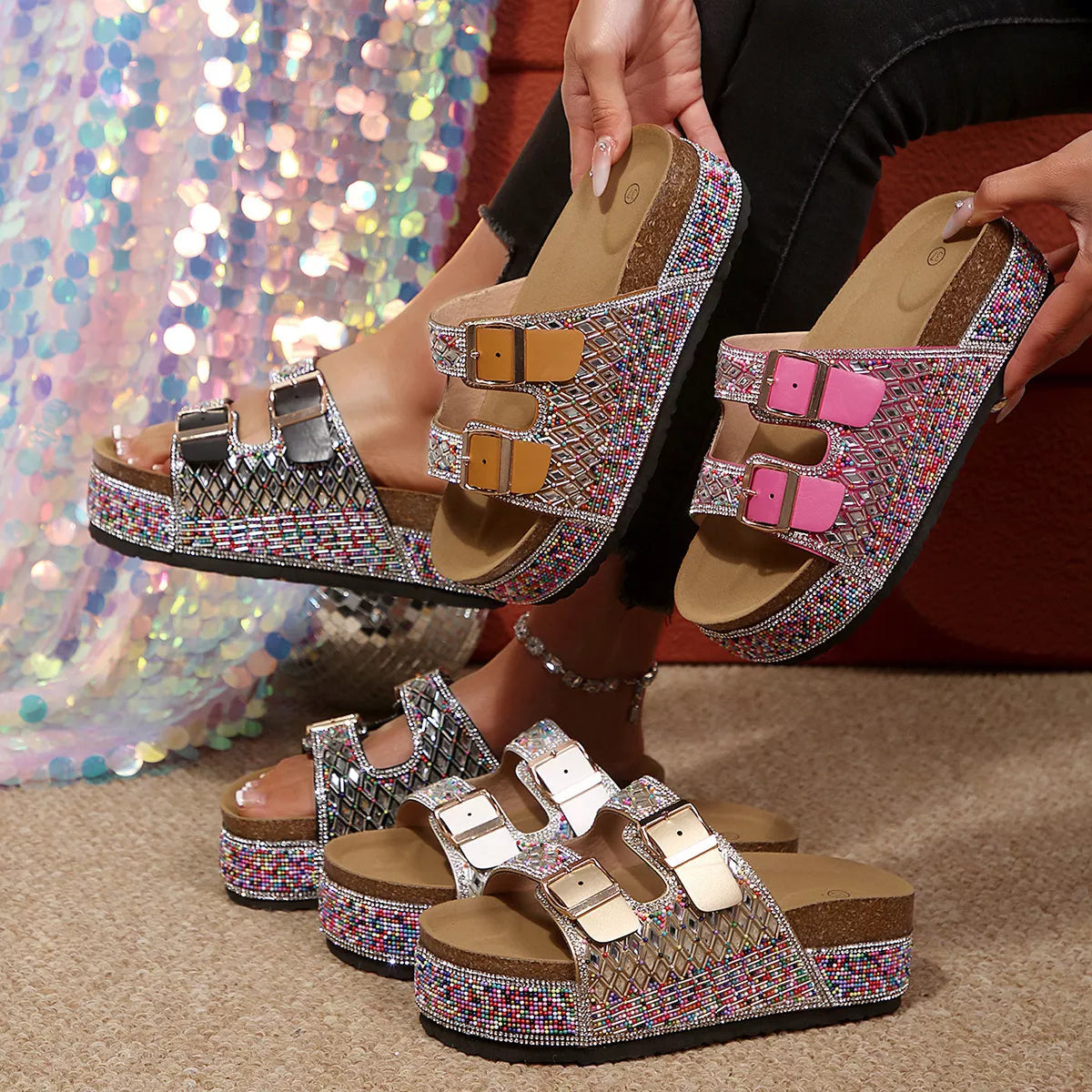 Rhinestone double buckle sandals by Plush Fashion Hub featuring sparkling rhinestones and stylish double buckle straps.