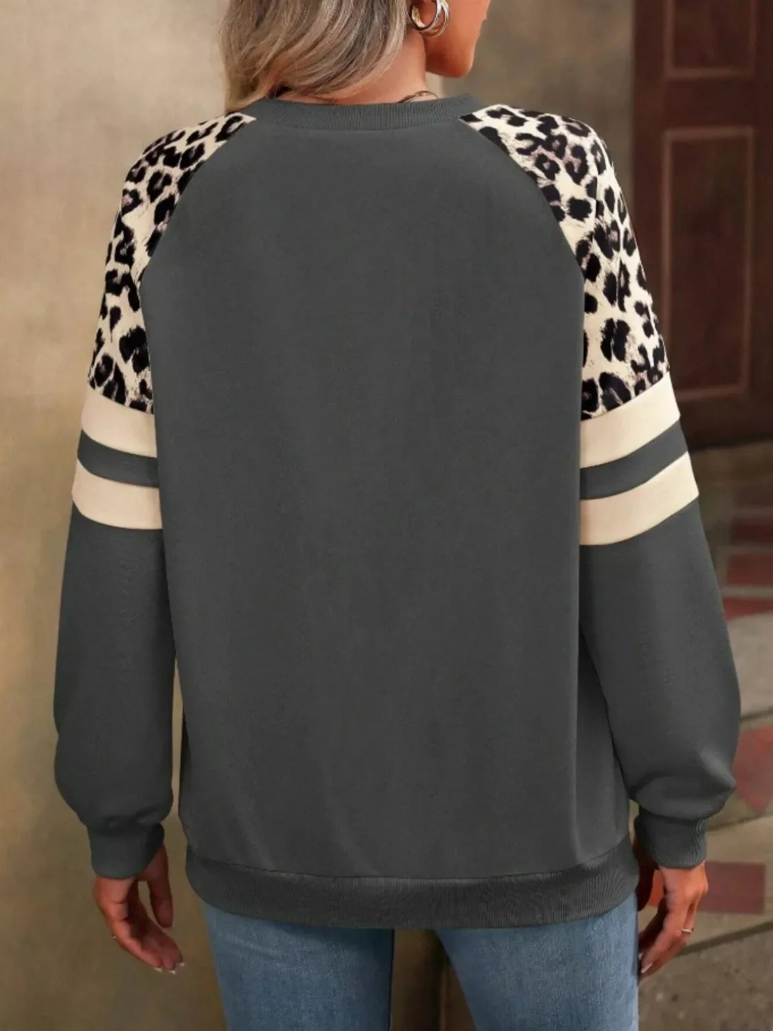 Leopard and striped raglan sleeve sweatshirt by Simply Love, featuring mixed animal and stripe patterns on soft fabric.