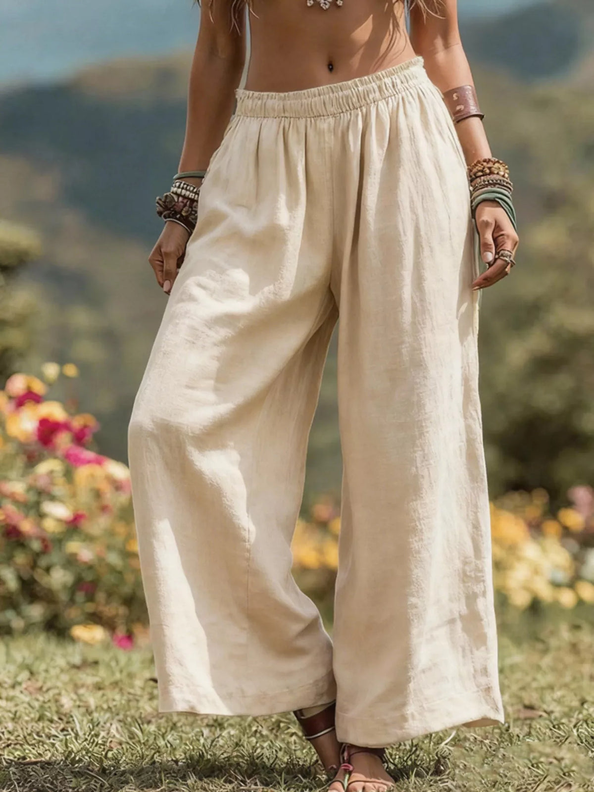 Bohemian wide-leg pants in full size and plus size, featuring flowy fabric and relaxed fit, styled for casual wear.