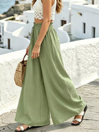 Shopimist wide leg drawstring pants shown in beige fabric with relaxed fit and adjustable waist for casual comfort.