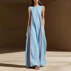 Women's linen sleeveless striped maxi dress by FitiqueFit featuring a loose, casual fit perfect for warm weather.