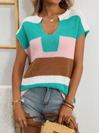 Women's striped knit sweater with notched neckline and short sleeves, casual chic top by Trendsi.