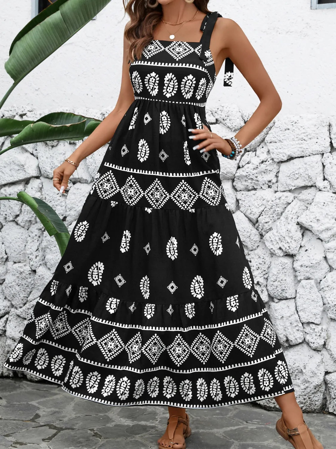 Printed square neck maxi cami dress from Plush Fashion Hub featuring a flowy silhouette and stylish design.