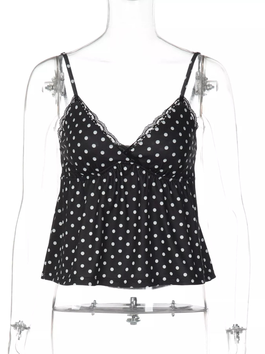 Polka dot lace trim cami top from Shopimist featuring delicate lace details and a stylish polka dot pattern.