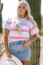 Lightweight summer short sleeve knitted top by Threaded Pear with a breathable, casual design perfect for warm weather.