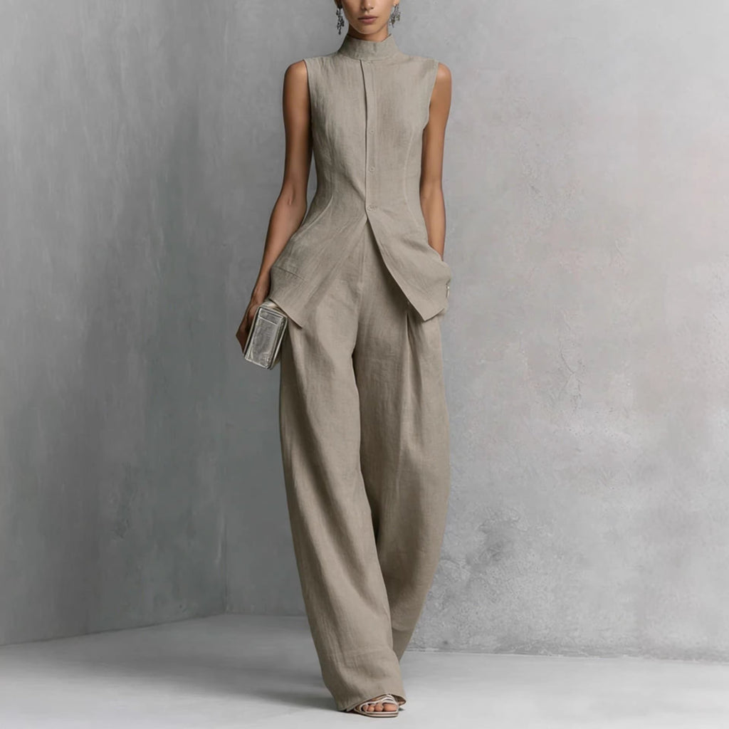 Women's sleeveless top and long pants two-piece casualwear set by Plush Fashion Hub in four colors, XS–XXL, on a model.