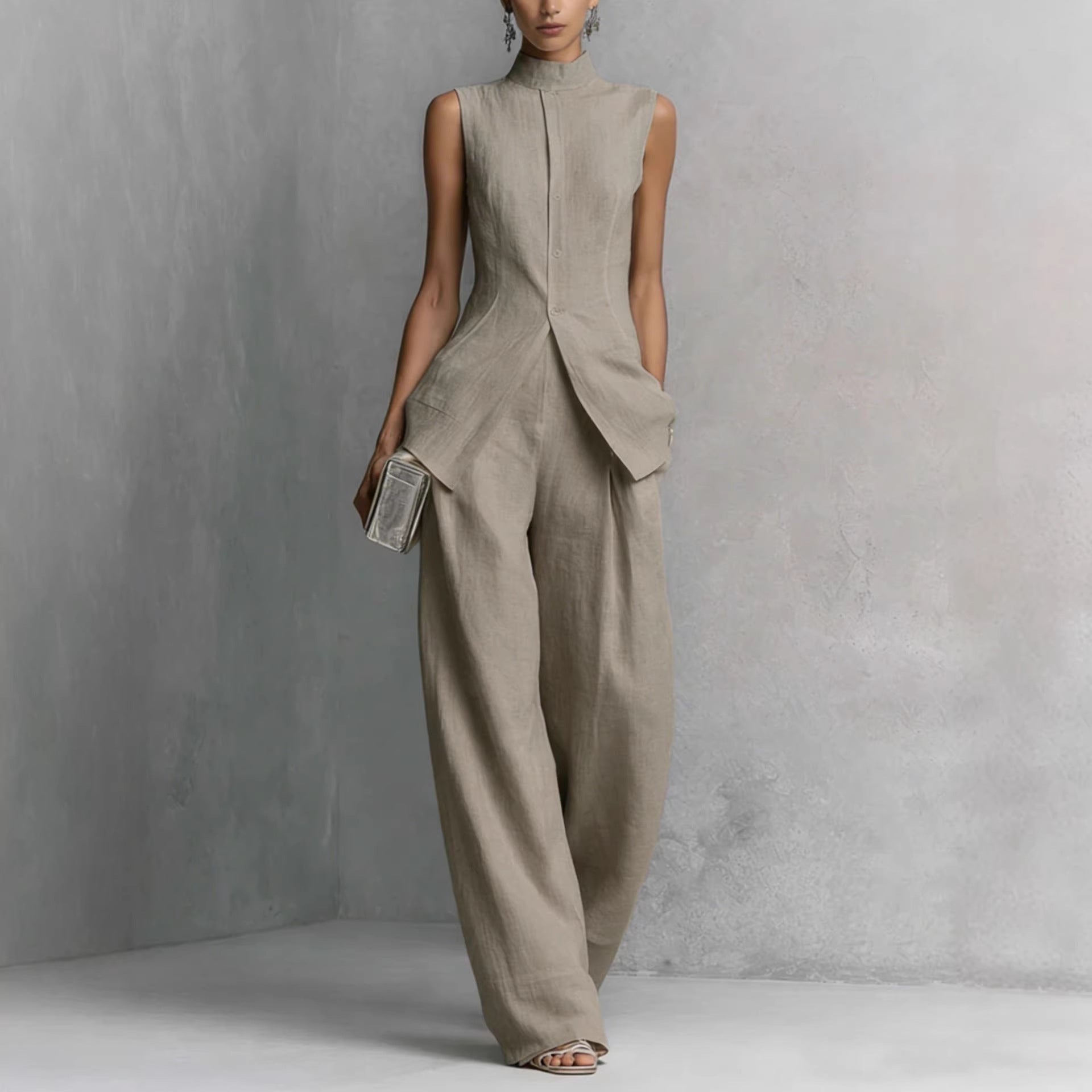 Women's sleeveless top and long pants two-piece casualwear set by Plush Fashion Hub in four colors, XS–XXL, on a model.