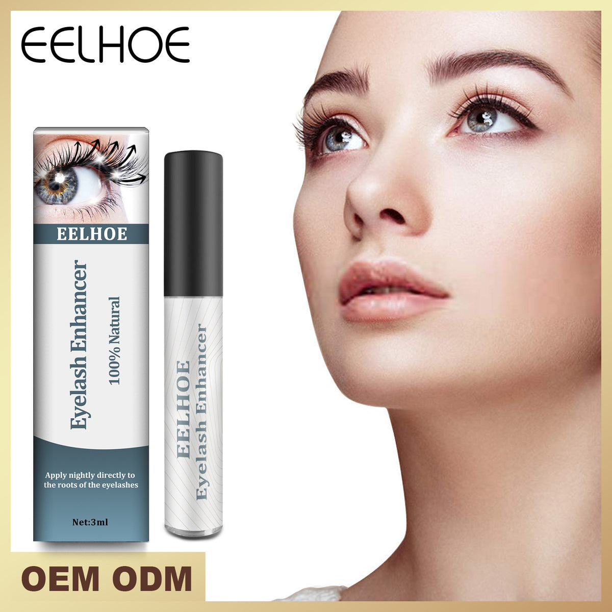 EELHOE Eyelash Enhancer tube in white and black, alongside its box, with a woman's face showing long eyelashes.
