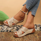 Women's rhinestone open toe wedge sandals by Trendsi, featuring a comfortable mid-heel and sparkling embellishments.