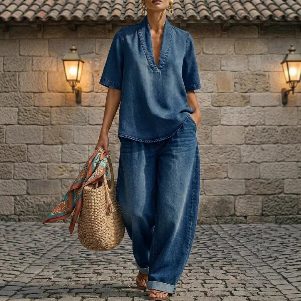 FitiqueFit retro V-neck washed denim top and wide-leg pants set in three colors, casualwear for sizes S to 3XL
