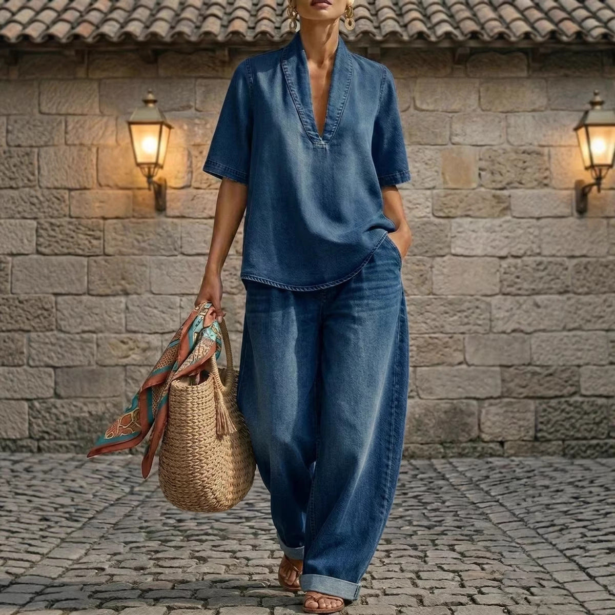 FitiqueFit retro V-neck washed denim top and wide-leg pants set in three colors, casualwear for sizes S to 3XL
