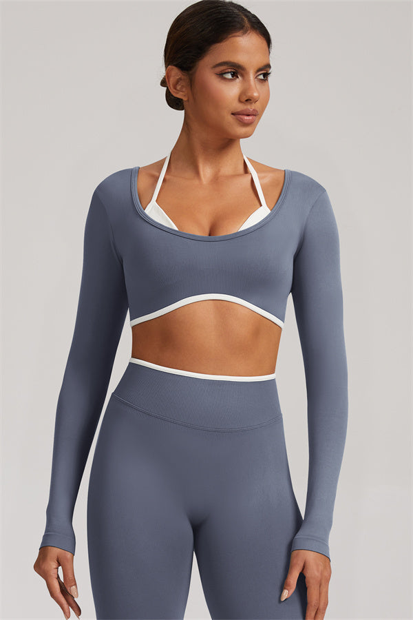 Plush Fashion Hub Elevate long sleeve crop top and leggings 2-piece set, stylish athletic wear for women, black color, full view.