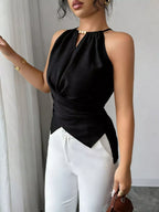 Plush Fashion Hub halter neck crisscross cami tank top in black, featuring a stylish neckline and slim fit design.